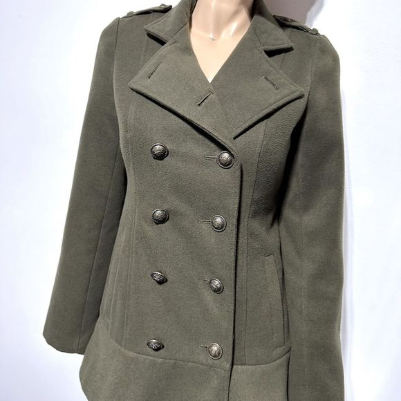 BB Dakota Double Breasted Pea Coat Size M Olive Army Green Military Ruffle - Picture 3 of 11